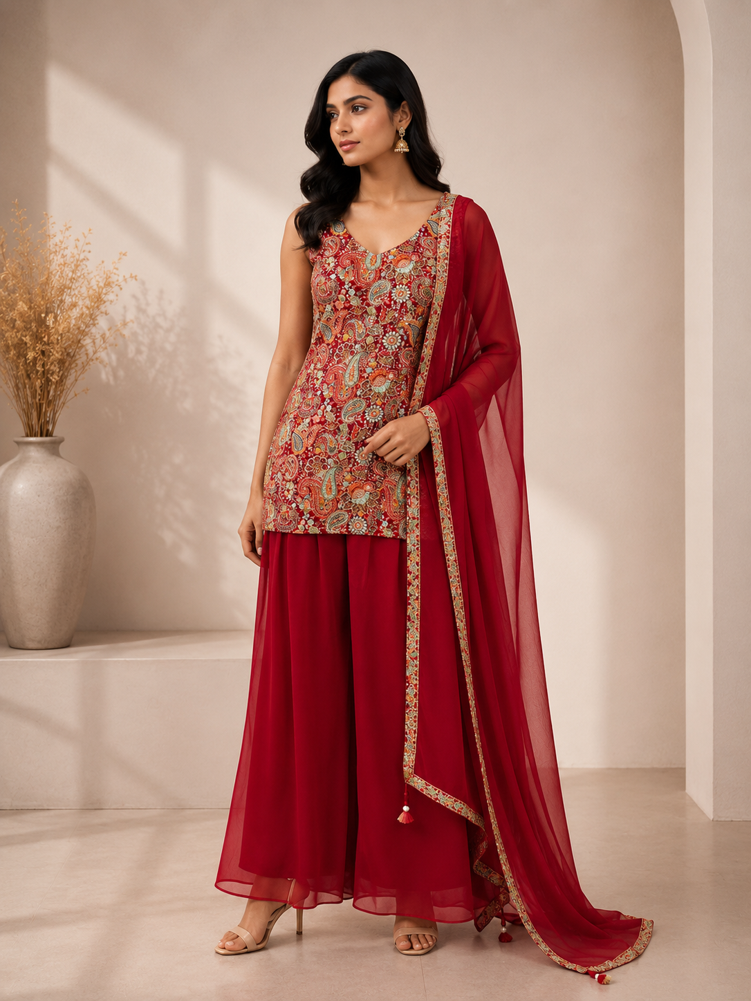 Premium Georgette Sharara Suit Set with Paisley Embroidered Kurta & Dupatta – Deep Red